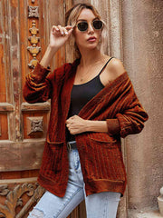 Ribbed Open Front Long Sleeve Cardigan with Pockets - Trendsi