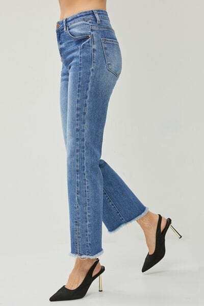 RISEN High Waist Raw Hem Slit Straight Jeans - Trendsi - Flyclothing LLC