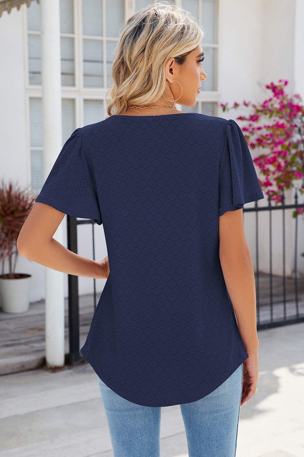 Eyelet Square Neck Flutter Sleeve Blouse - Trendsi - Flyclothing LLC
