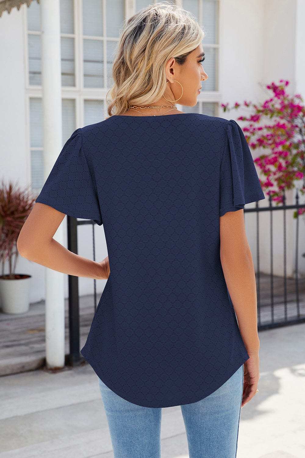 Eyelet Square Neck Flutter Sleeve Blouse - Trendsi - Flyclothing LLC