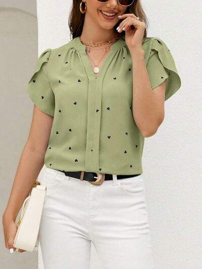 Heart Print Notched Petal Sleeve Blouse - Trendsi - Flyclothing LLC