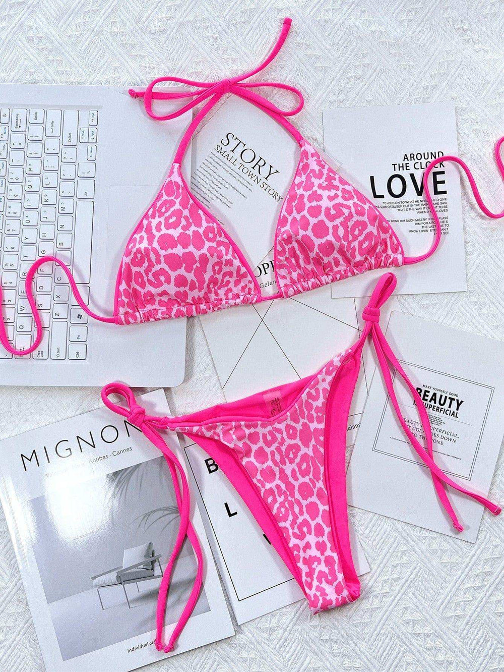 Leopard Print Halter Neck Tie Side Bikini Set - Trendsi - Flyclothing LLC