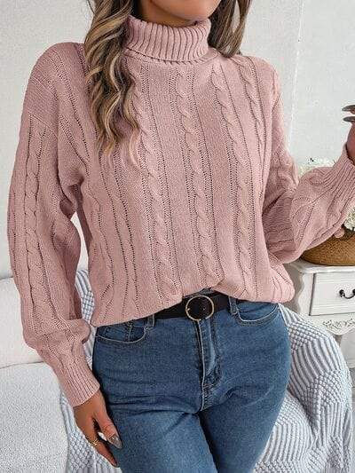 Cable-Knit Turtleneck Dropped Shoulder Sweater - Trendsi - Flyclothing LLC
