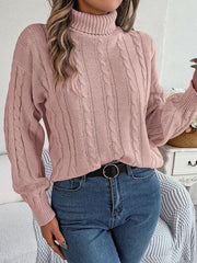 Cable-Knit Turtleneck Dropped Shoulder Sweater - Trendsi