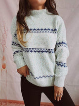 Geometric Mock Neck Dropped Shoulder Sweater - Trendsi - Flyclothing LLC