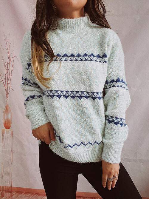 Geometric Mock Neck Dropped Shoulder Sweater - Trendsi - Flyclothing LLC