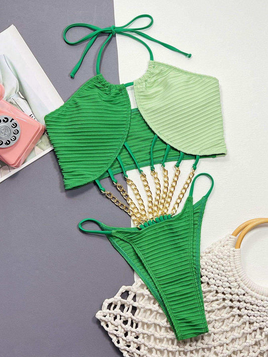 Contrast Halter Neck Chain Detail One-Piece Swimsuit - Trendsi - Flyclothing LLC