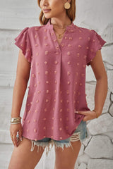 Swiss Dot Notched Cap Sleeve T-Shirt - Trendsi - Flyclothing LLC