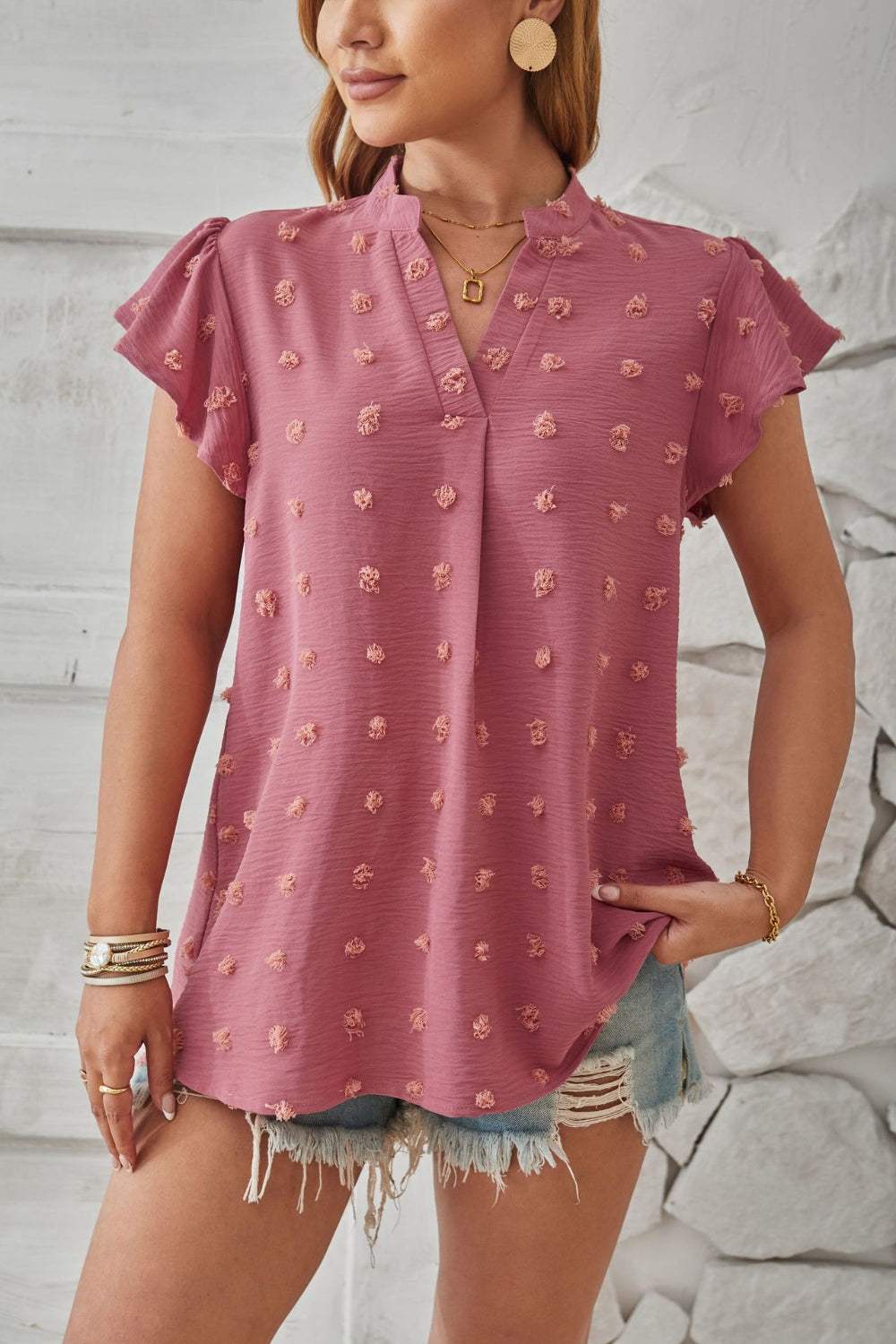 Swiss Dot Notched Cap Sleeve T-Shirt - Trendsi - Flyclothing LLC