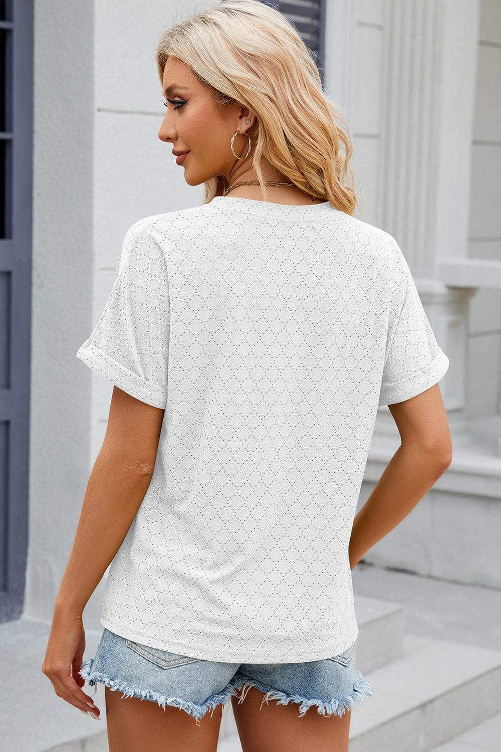 Eyelet Notched Short Sleeve T-Shirt - Trendsi - Flyclothing LLC