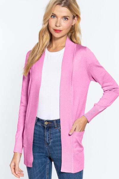 ACTIVE BASIC Ribbed Trim Open Front Cardigan - Trendsi - Flyclothing LLC