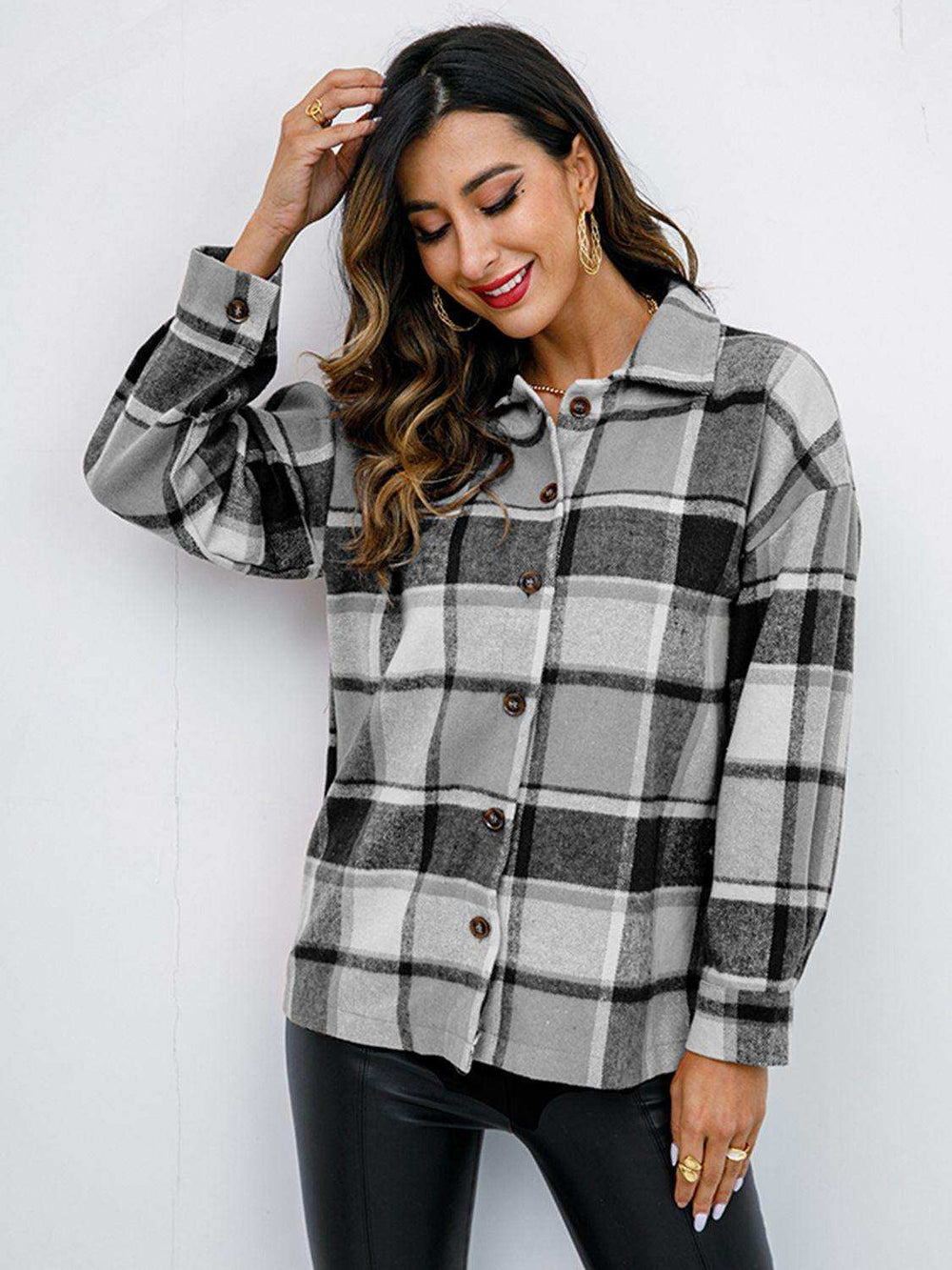 Plaid Button-Down Jacket - Trendsi - Flyclothing LLC