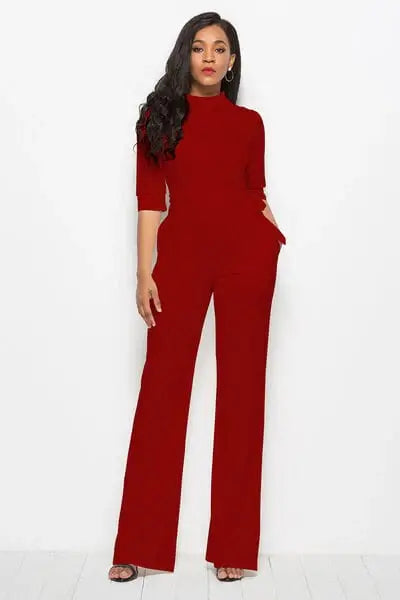 Mock Neck Tie-Waist Half Sleeve Jumpsuit - Trendsi - Flyclothing LLC