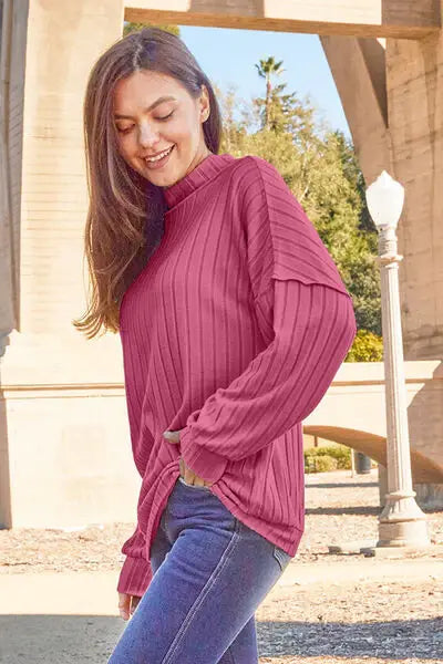 Basic Bae Full Size Ribbed Exposed Seam Mock Neck Knit Top - Trendsi - Flyclothing LLC