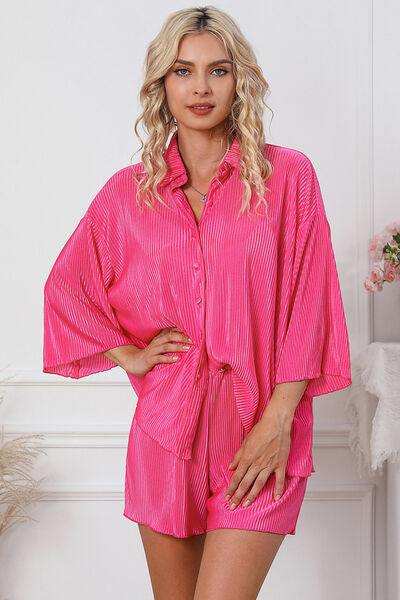 Pleated Button Up Shirt and Shorts Lounge Set - Trendsi - Flyclothing LLC