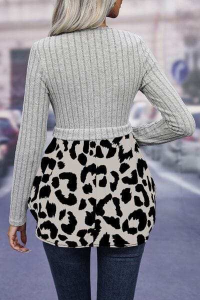 Leopard Peplum Round Neck Blouse - Trendsi - Flyclothing LLC