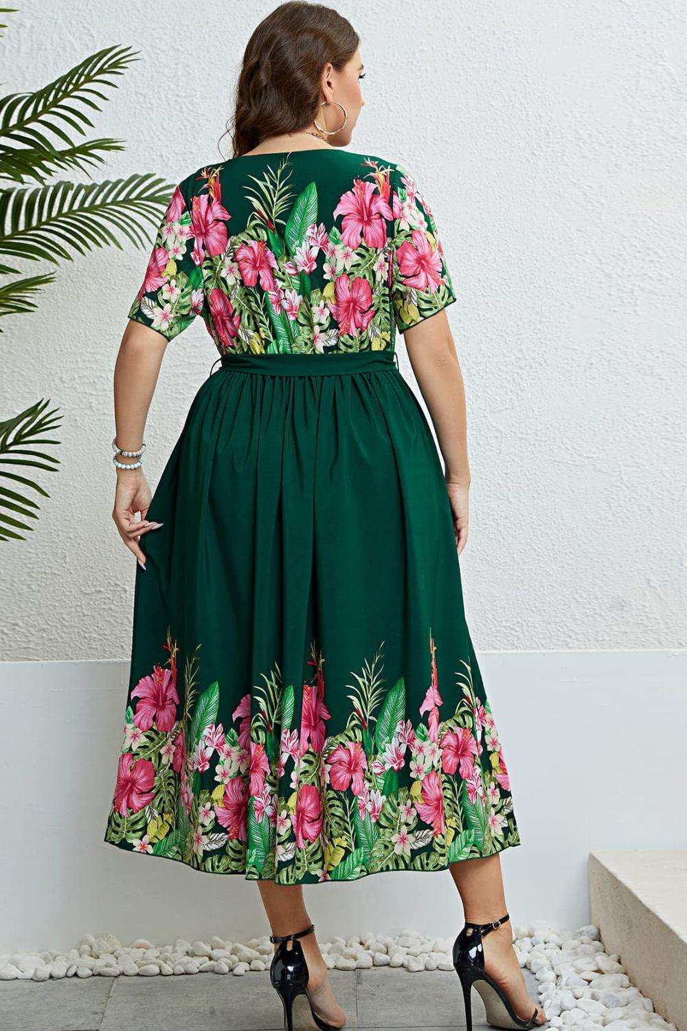 Floral Tie-Waist Round Neck Dress - Trendsi - Flyclothing LLC