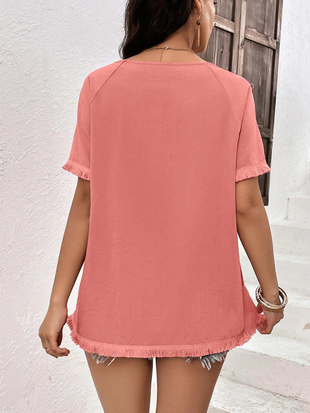 Round Neck Raglan Sleeve Fringe Detail Top - Trendsi - Flyclothing LLC