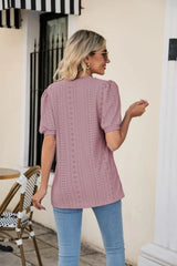 Eyelet Puff Sleeve V-Neck Top - Trendsi - Flyclothing LLC