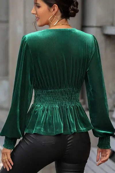 Smocked Surplice Lantern Sleeve Peplum Blouse - Trendsi - Flyclothing LLC