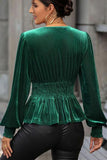 Smocked Surplice Lantern Sleeve Peplum Blouse - Trendsi