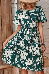Floral Round Neck Tie Belt Pleated Dress - Trendsi - Flyclothing LLC