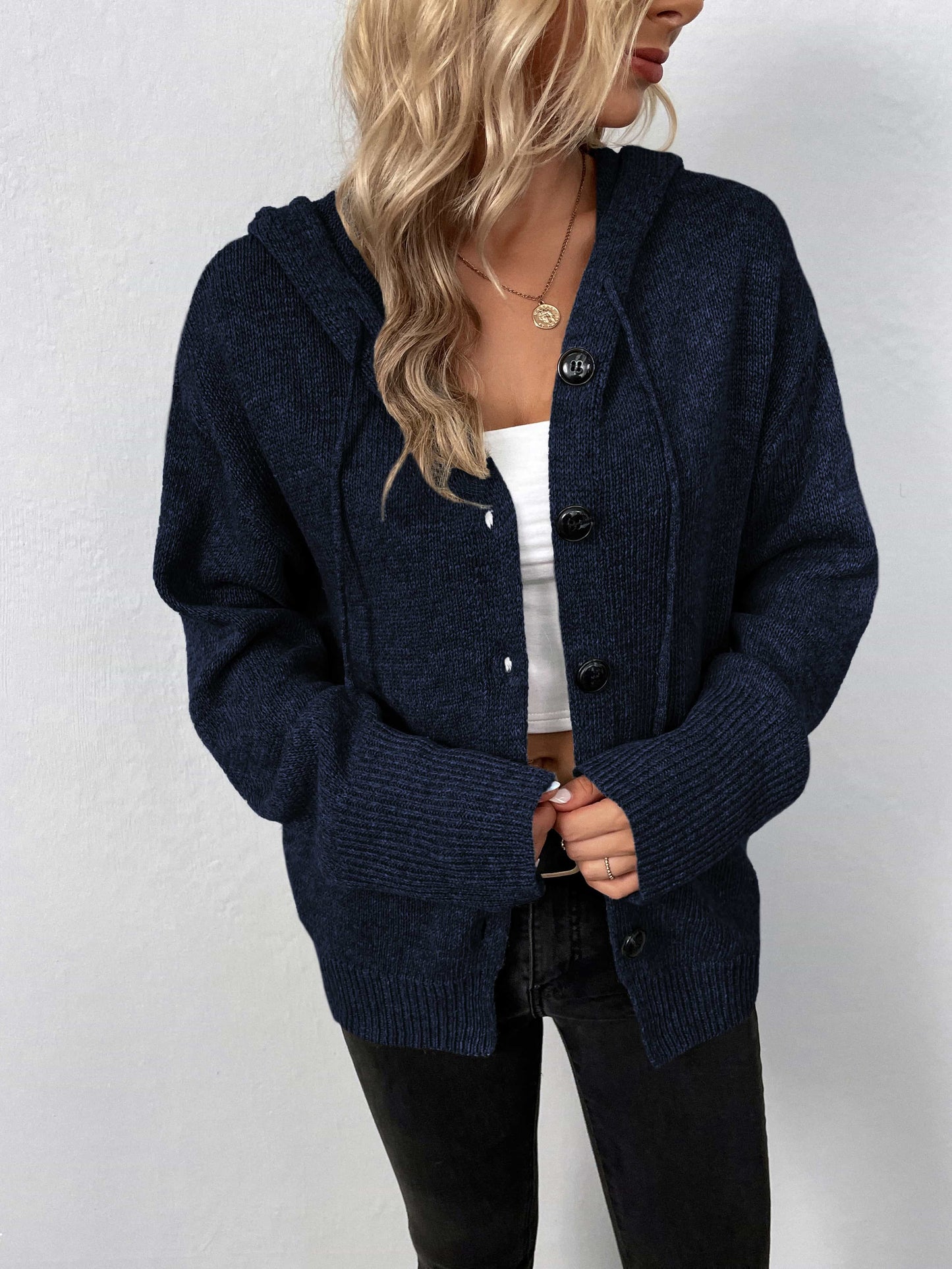 Button-Down Long Sleeve Hooded Sweater - Trendsi - Flyclothing LLC