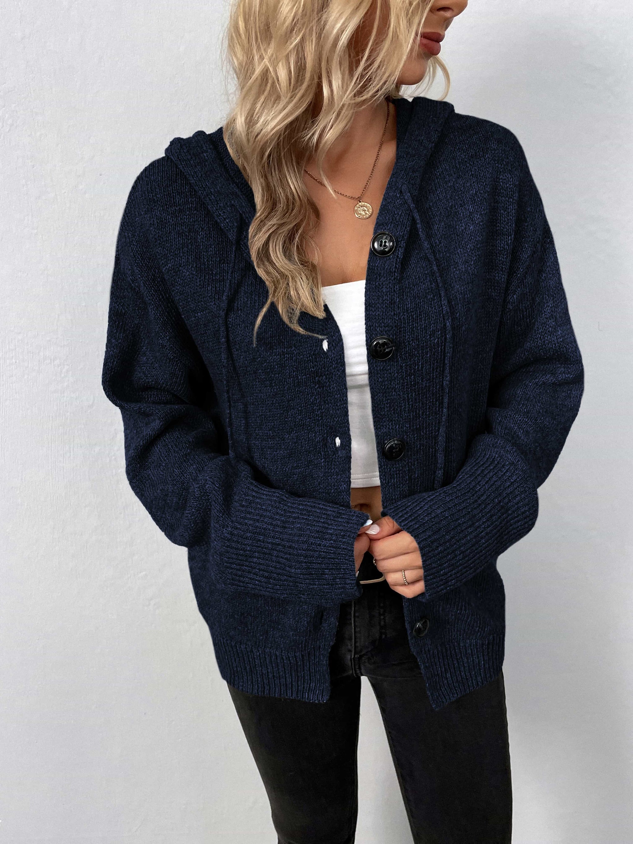 Button-Down Long Sleeve Hooded Sweater - Trendsi - Flyclothing LLC