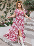Plus Size Slit Printed V-Neck Maxi Dress - Trendsi
