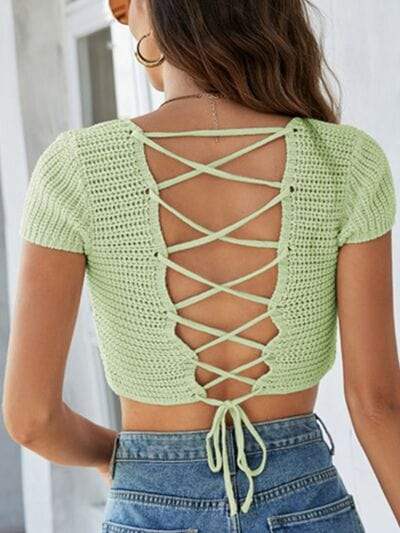 Lace-Up Openwork Square Neck Sweater - Trendsi - Flyclothing LLC