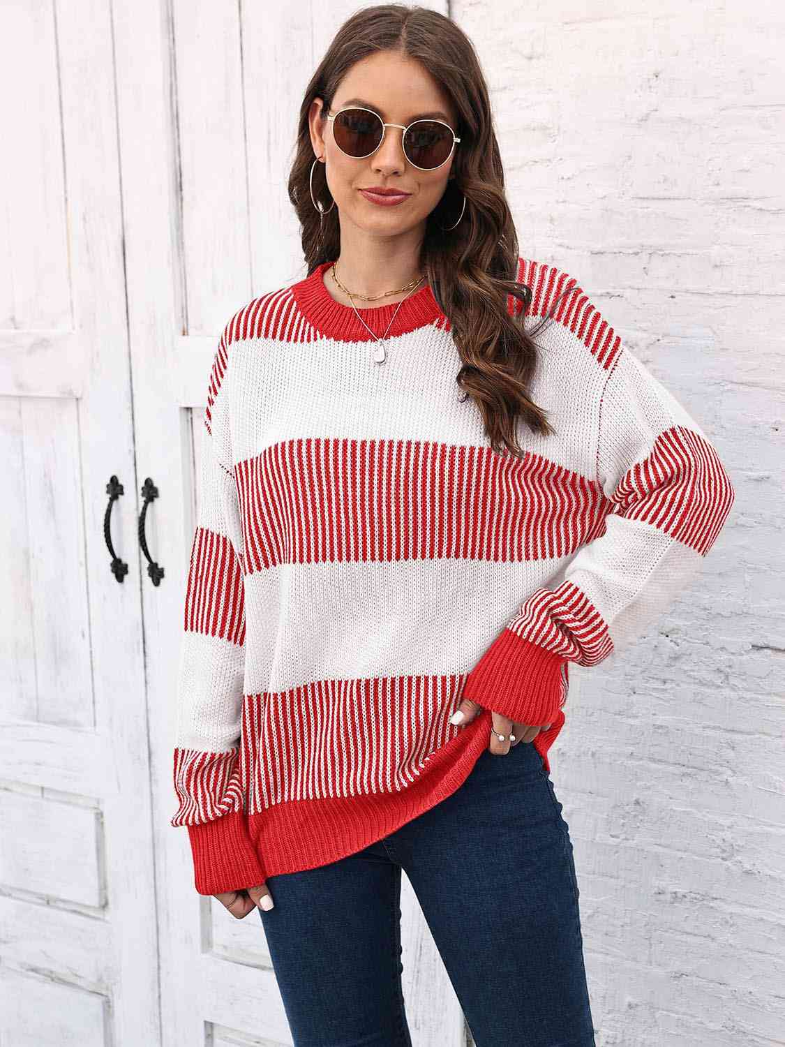 Full Size Round Neck Drop Shoulder Sweater - Trendsi - Flyclothing LLC