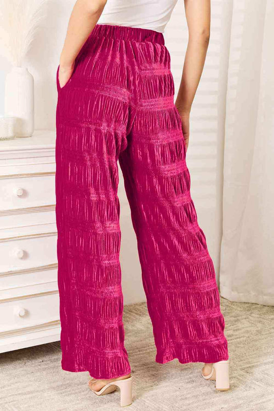 Double Take Full Size High Waist Tiered Shirring Velvet Wide Leg Pants - Trendsi - Flyclothing LLC
