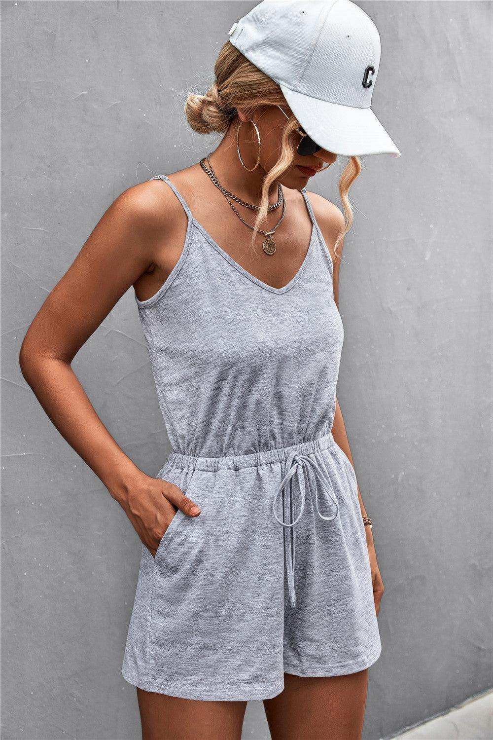 Spaghetti Strap V-Neck Pocket Romper - Trendsi - Flyclothing LLC