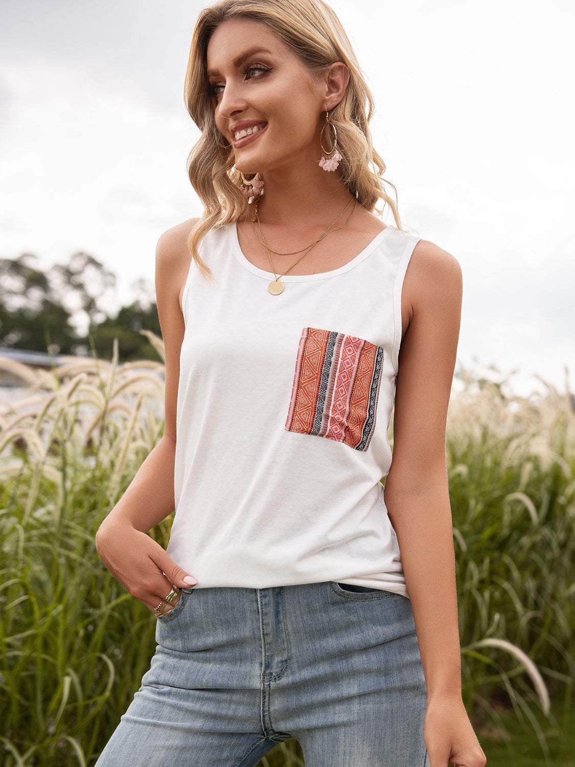 Pocketed Printed Round Neck Tank - Trendsi - Flyclothing LLC
