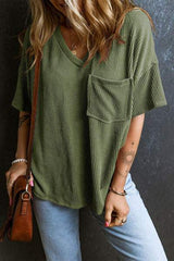 Textured V-Neck Dropped Shoulder T-Shirt - Trendsi - Flyclothing LLC