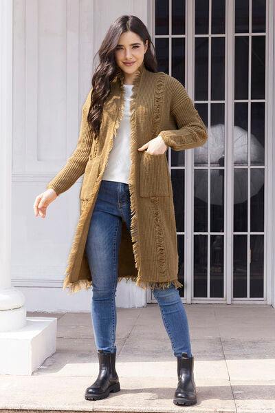 Fringe Trim Open Front Cardigan with Pockets - Trendsi