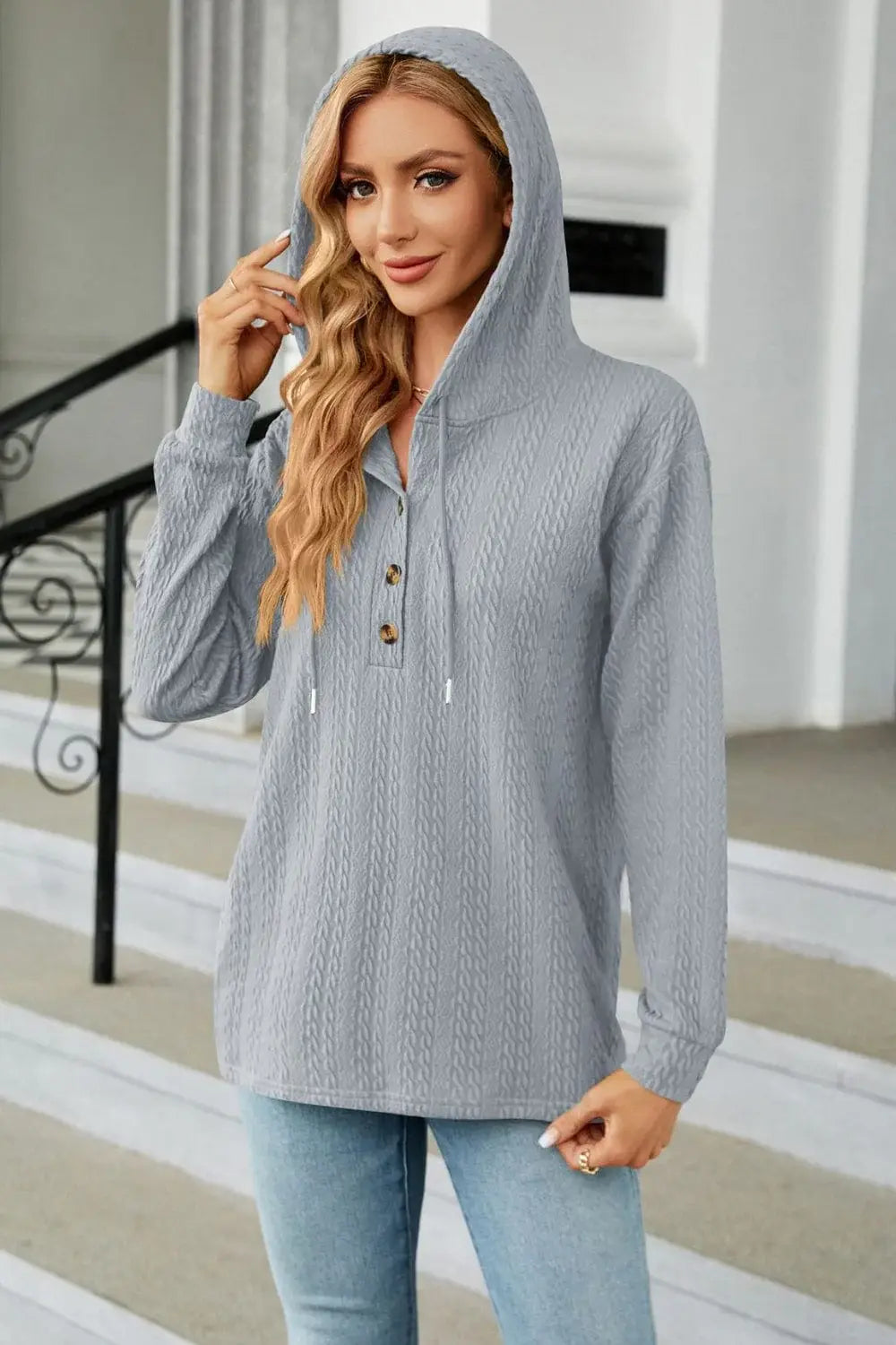 Cable-Knit Long Sleeve Hoodie - Trendsi - Flyclothing LLC