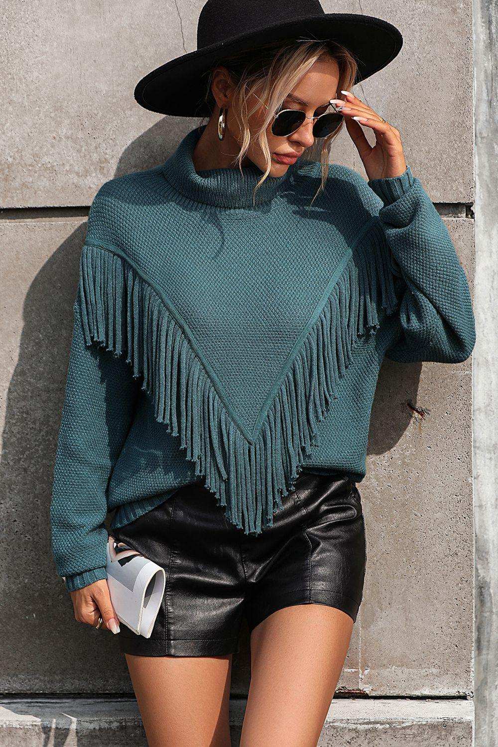 Turtle Neck Tassel Front Long Sleeve Pullover Sweater - Trendsi - Flyclothing LLC