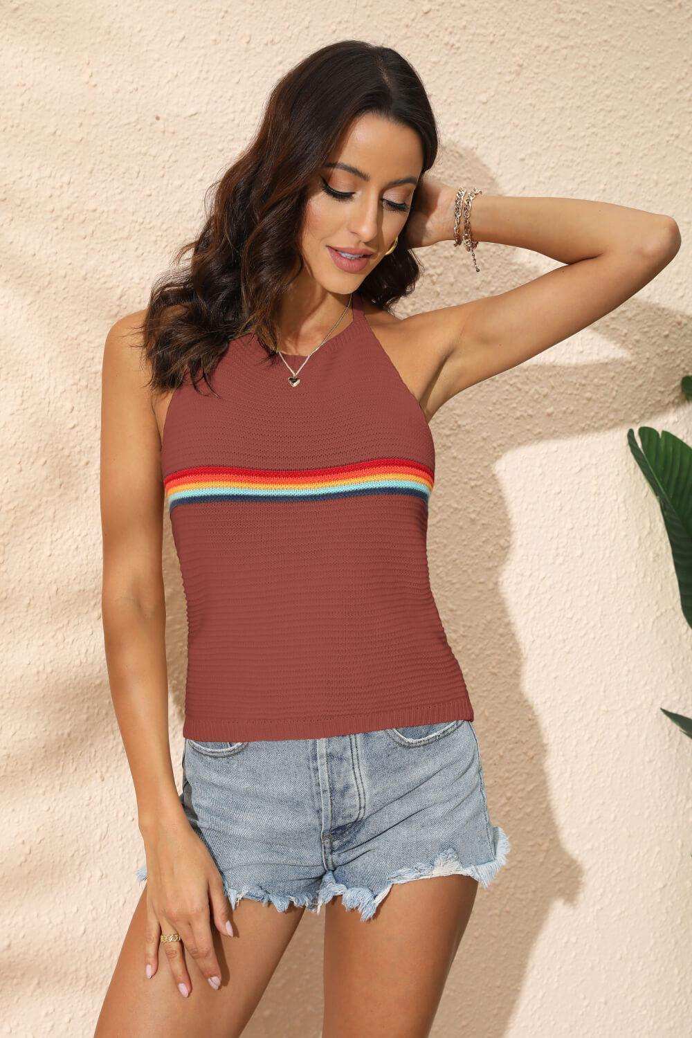 Rainbow Stripe Halter Neck Knit Tank - Trendsi - Flyclothing LLC