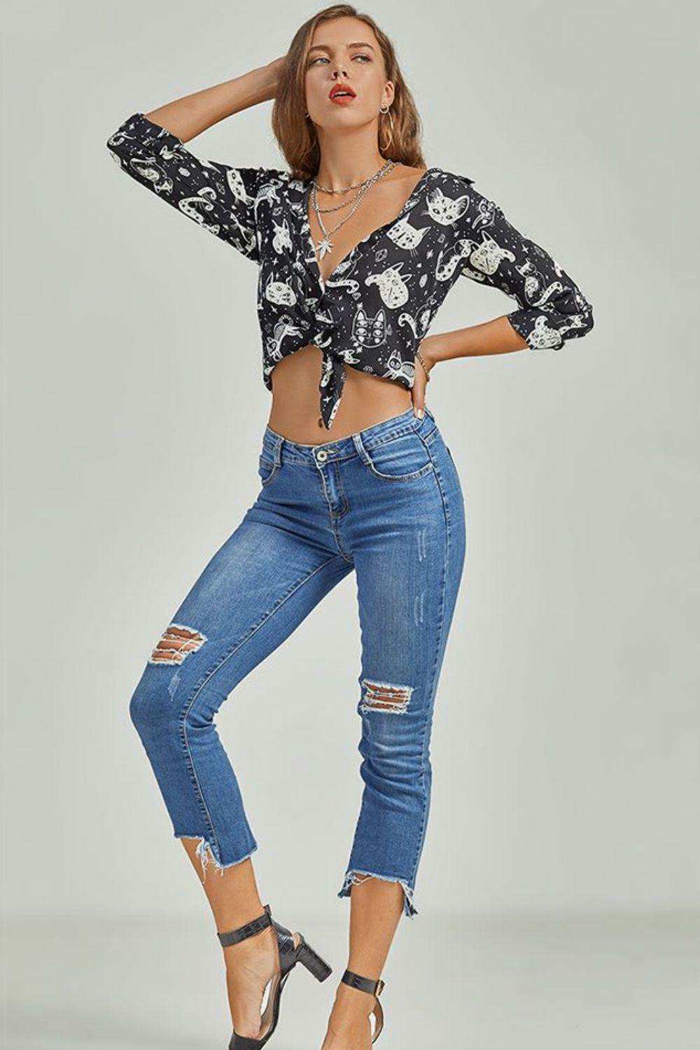 Cat Print Button-Up Shirt - Trendsi - Flyclothing LLC