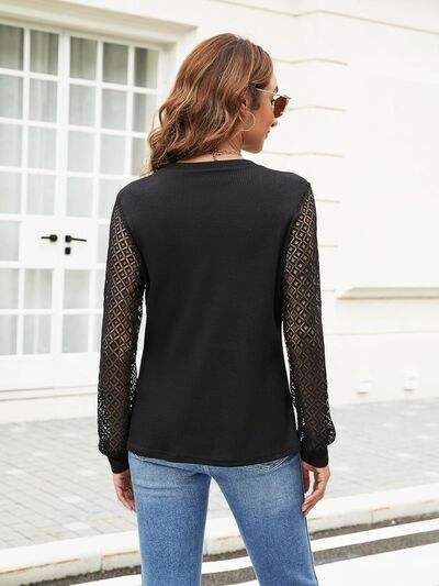 Waffle-Knit Round Neck Long Sleeve Blouse - Trendsi - Flyclothing LLC