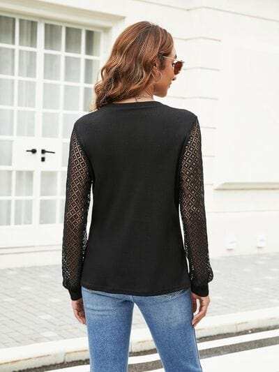 Waffle-Knit Round Neck Long Sleeve Blouse - Trendsi - Flyclothing LLC