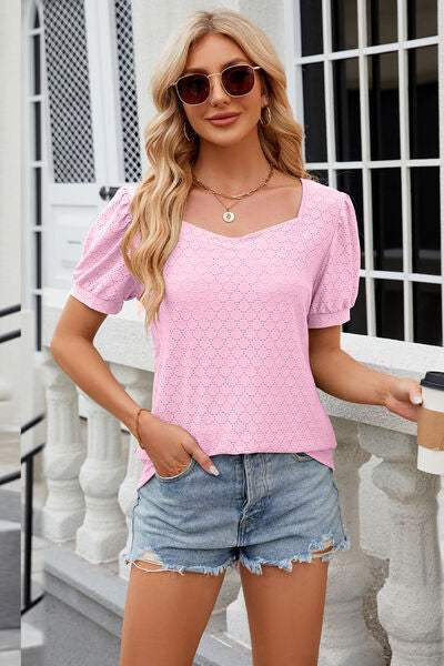 Eyelet Short Sleeve T-Shirt - Trendsi - Flyclothing LLC
