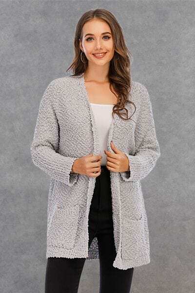 Pocketed Open Front Long Sleeve Cardigan - Trendsi - Flyclothing LLC