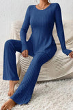 Ribbed Long Sleeve Slit Top and Bootcut Pants Set - Trendsi