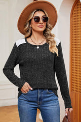 Eyelet Ribbed Round Neck Long Sleeve T-Shirt - Trendsi - Flyclothing LLC