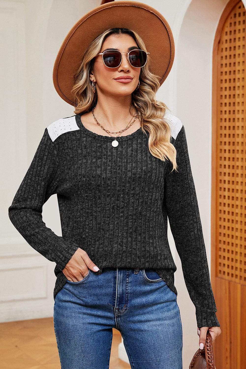 Eyelet Ribbed Round Neck Long Sleeve T-Shirt - Trendsi - Flyclothing LLC