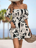 Printed Off-Shoulder Smocked Waist Dress - Trendsi - Flyclothing LLC