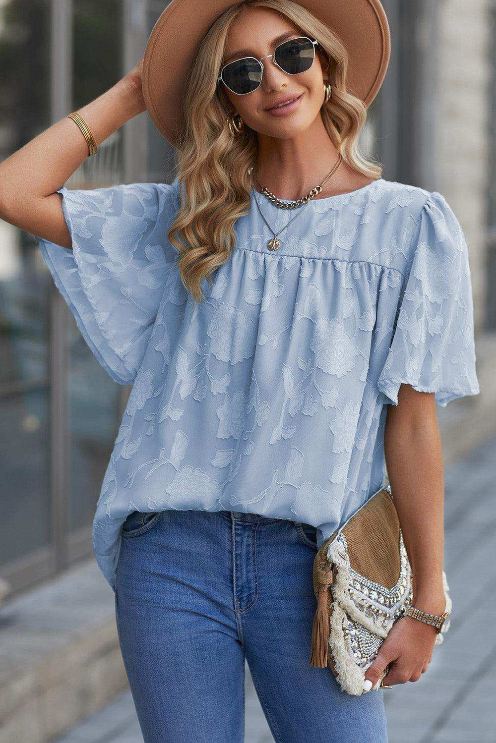 Round Neck Puff Sleeve Blouse - Trendsi - Flyclothing LLC