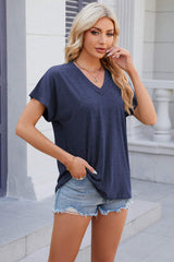 V-Neck Short Sleeve T-Shirt - Trendsi - Flyclothing LLC